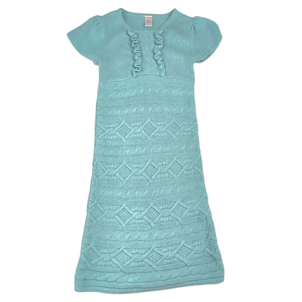 Gymboree Cable Knit Sweater Dress Girls Size 10 Aqua Blue Short Sleeve Ruffle